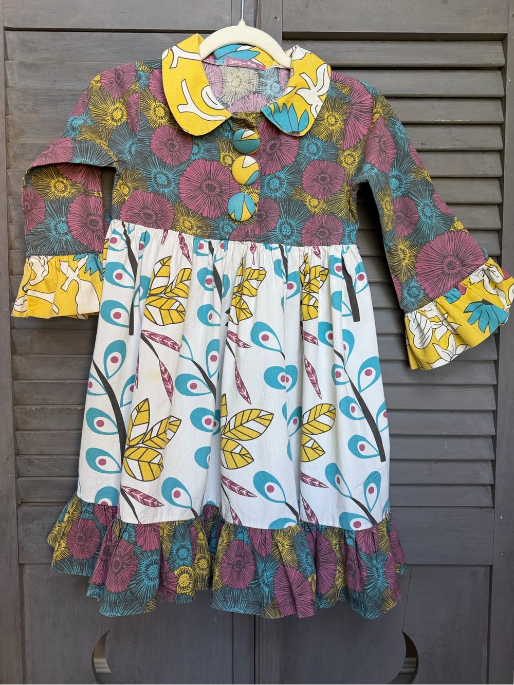 Jelly The Pug Floral & Leaf Print Dress in Yellow, Teal, Pink